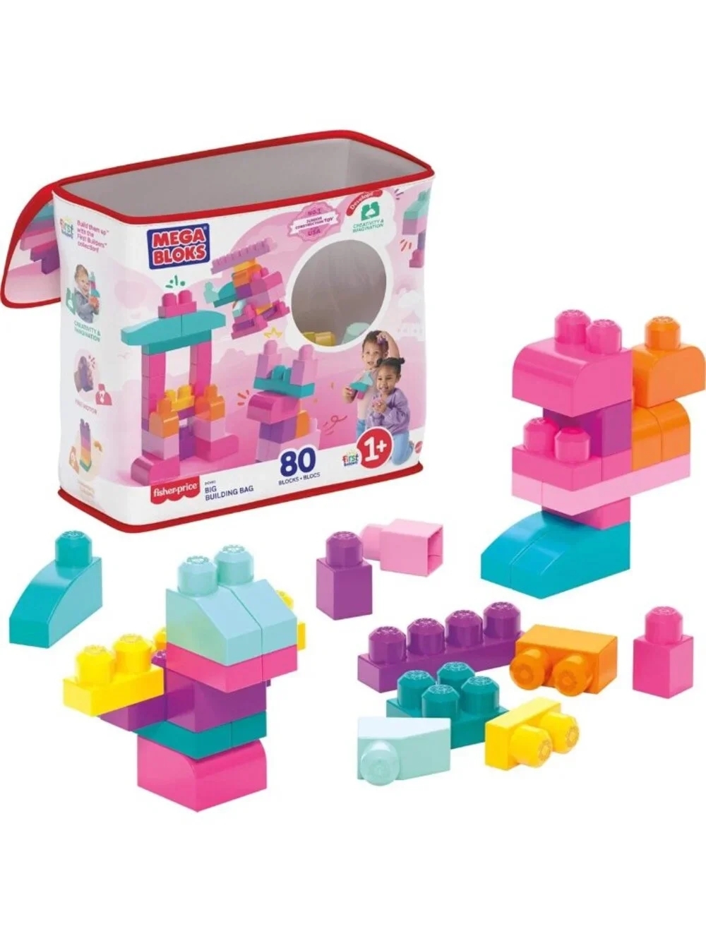 Toddler Building Blocks Set - 80-Piece Mega Bag, Pink Storage for Ages 1